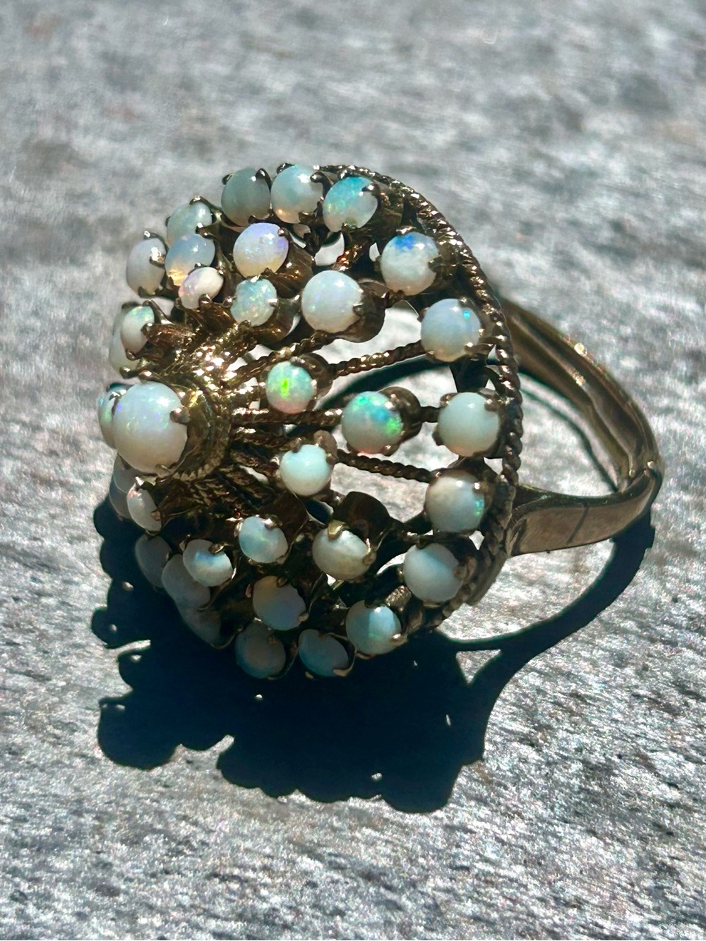 Large Stunning Vintage Solid Yellow Gold Opal Cluster Cocktail Dome Ring.